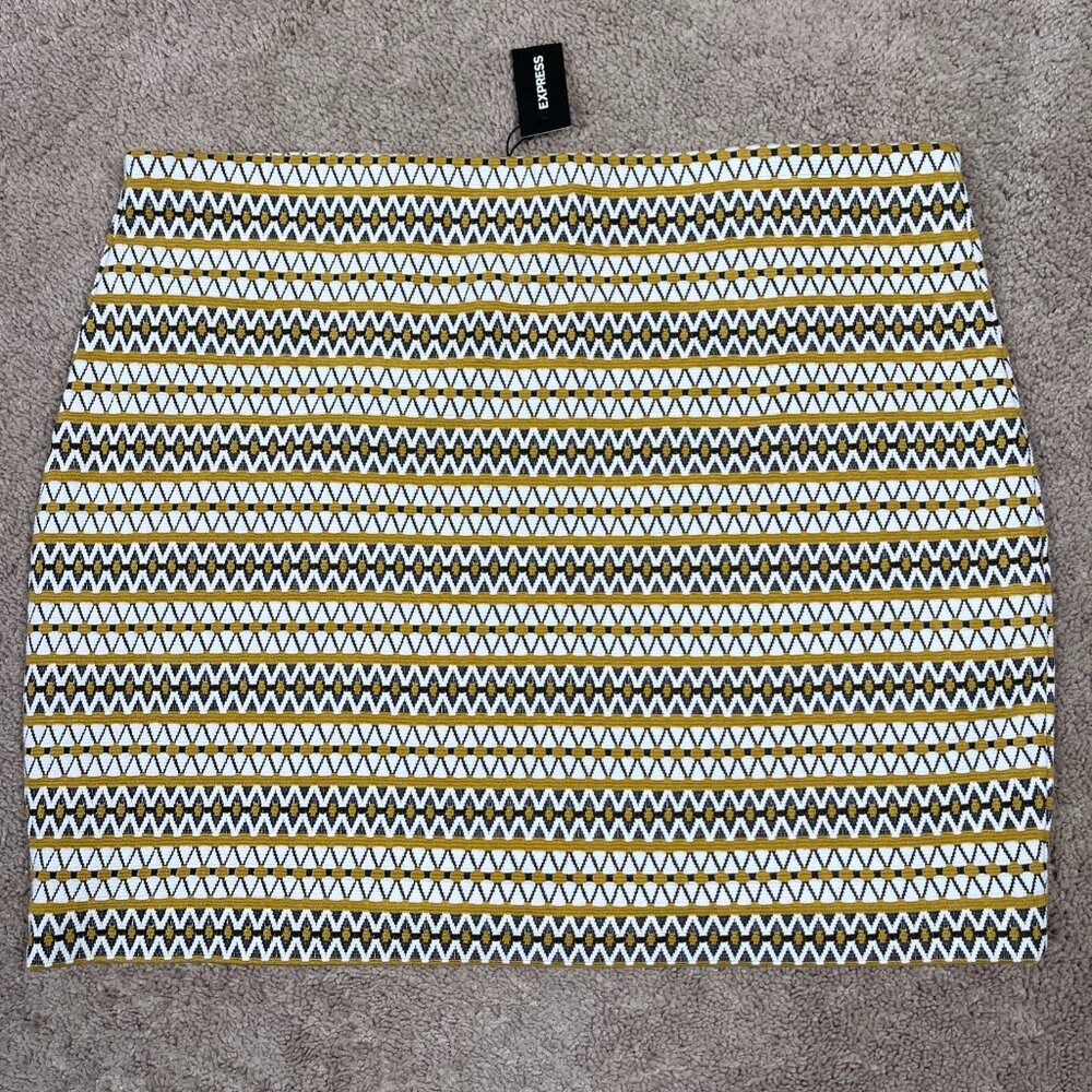 Express Skirt Womens XL Yellow Black Geometric Stripe Aztec Bohemian Stretch NWT